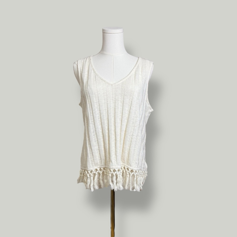 ANTHROPOLOGIE ERI + ALI Top Women Size Medium Cream Redonda Fringed Tassel Tank